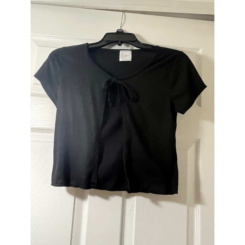 Livi by Olivia Rae Black‎ Ribbed Front Tie Crop Top Short Sleeve Medium